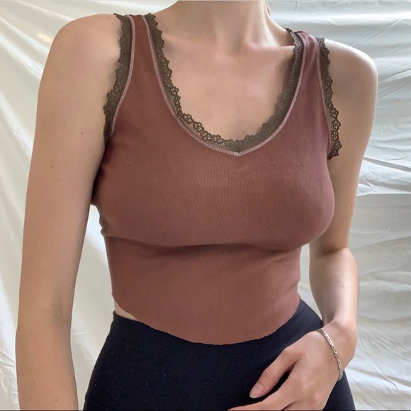 Chocolate Brown Lace Trim Ribbed Tank - Picture 1 of 6